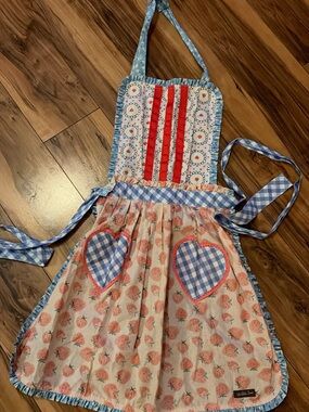 Matilda Jane Pink Strawberry Apron with Blue Gingham Hearts